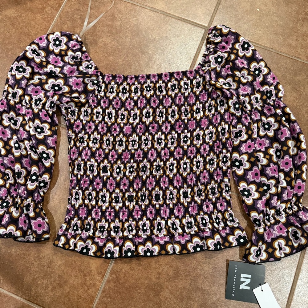 I.N San Francisco Floral Smocked Long-Sleeve Top